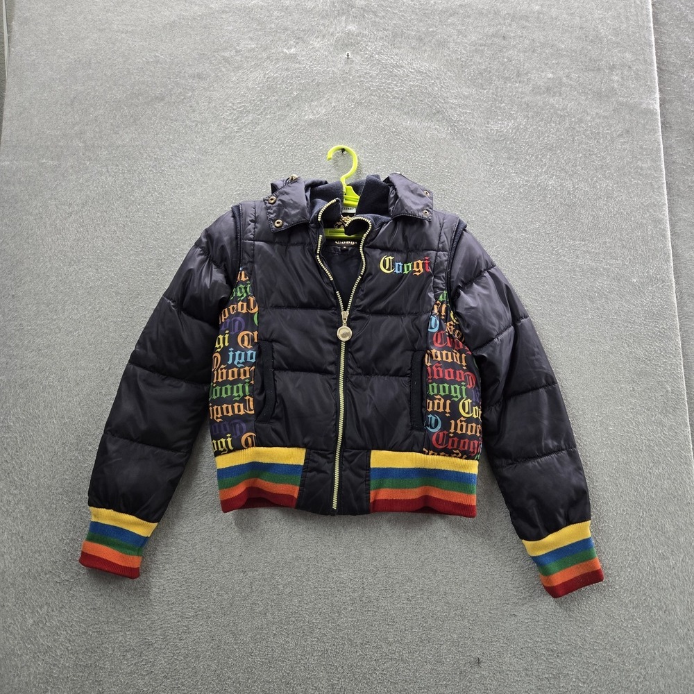 Coogi Women Jacket M Black Graphic Logo Print Puffer Zipper Long Sleeve READ